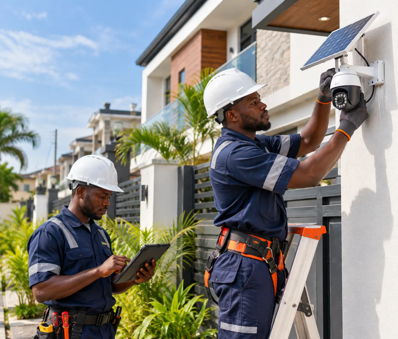 Two technicians installing a solar-powered security camera outside a home, with one checking a tablet