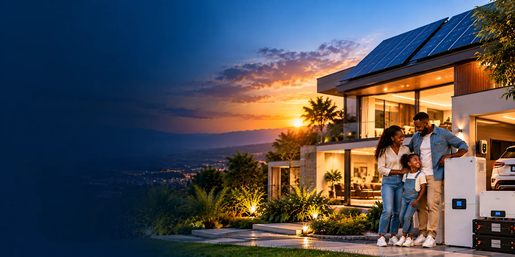Family outside a modern home with solar panels and battery storage